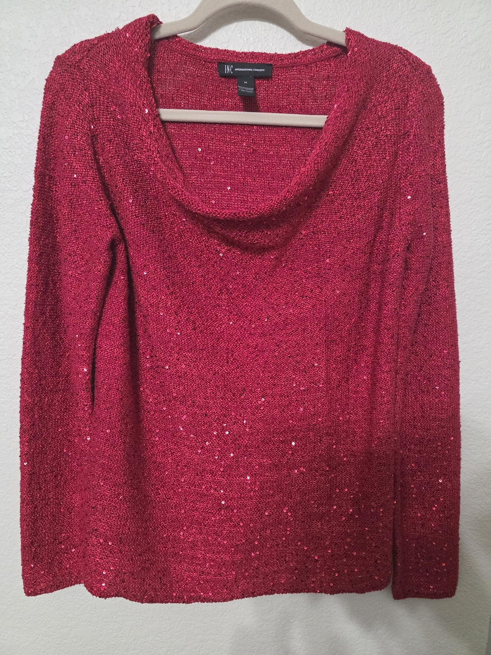 INC Red Sparkling Sequin Cowl Neck Long Sleeve Sweater M